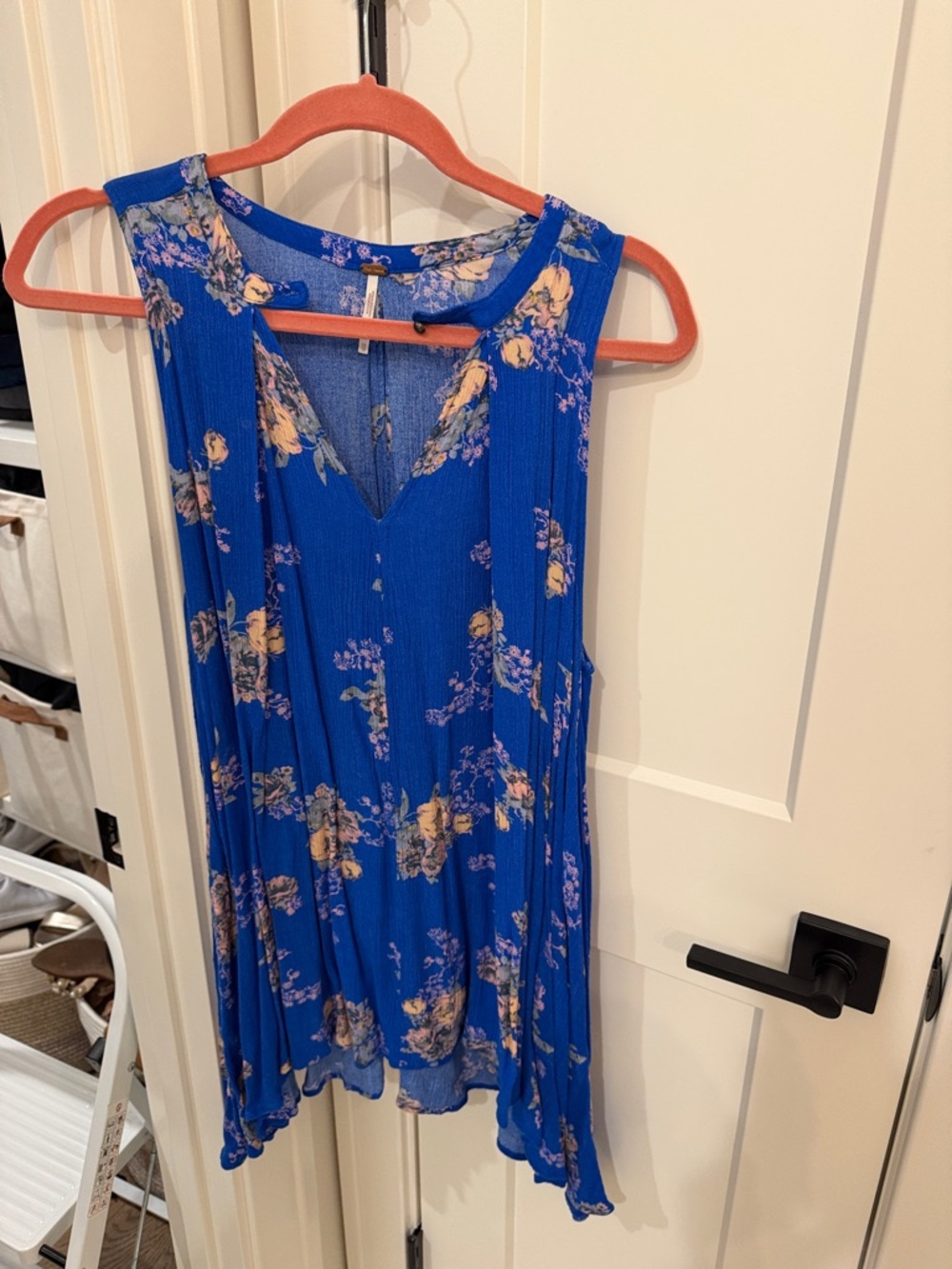 Free People Royal Blue Floral Sleeveless V-Neck Tunic